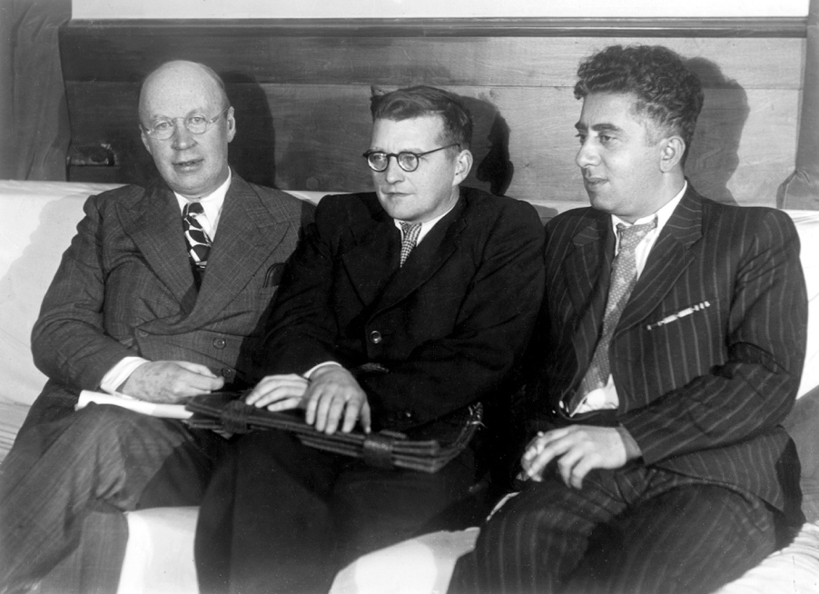 Three famous Soviet composers (left to right): Sergei Prokofiev, Dmitri Shostakovich, and Aram Khachaturian at the plenum for the organizing committee of the Union of Soviet Composers, October 4, 1946